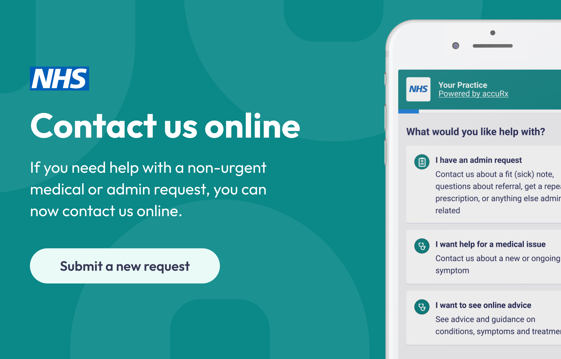Contact us online. If you need help with a non-urgent medical or admin request you can now contact us online